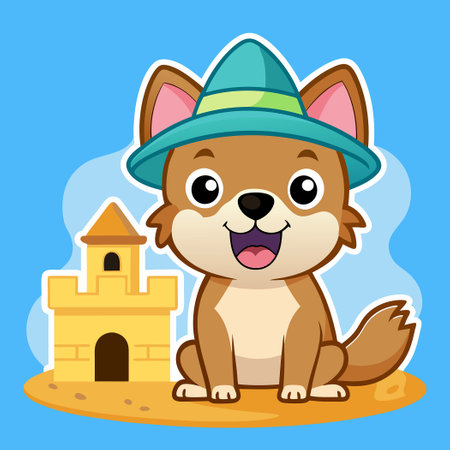 Beaming Doggo Sports Sun Hat and Glasses on Beachのイラスト素材