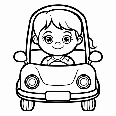 Printable Coloring Sheet of a Little Girl in a Car for Childrenのイラスト素材