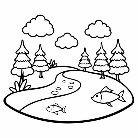 Enchanting Forest Landscape with Tranquil River and Leaping Fishのイラスト素材