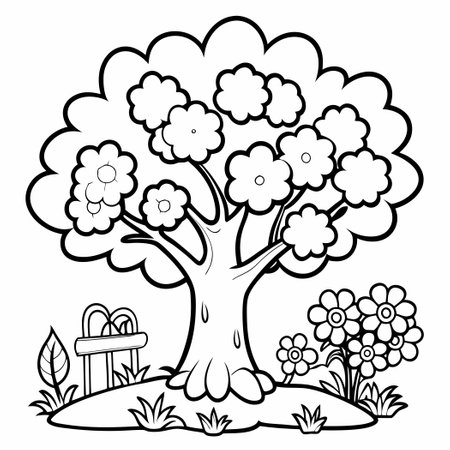 Charming Garden Landscape with Majestic Tree and Vibrant Blooms Coloring Pageのイラスト素材