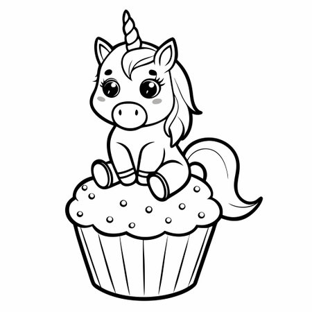 Enchanted Unicorn Gracefully Perched Atop a Dreamy Cupcake Throneのイラスト素材