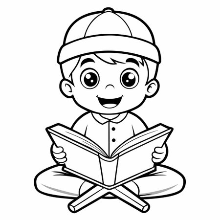 Ramadan Coloring Page for Kids Depicting a Boy Reading the Quranのイラスト素材