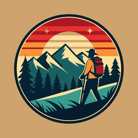 Hiking Adventure on Hilltop Amidst Majestic Sunset Vistaのイラスト素材