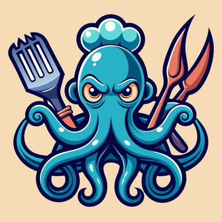 Octopus Master Chef: Cutlery-Wielding Octopus in Seafood Restaurantのイラスト素材