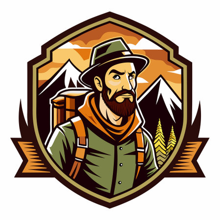 Vintage Adventure Hiking Man Logo Icon in Vector Formatのイラスト素材