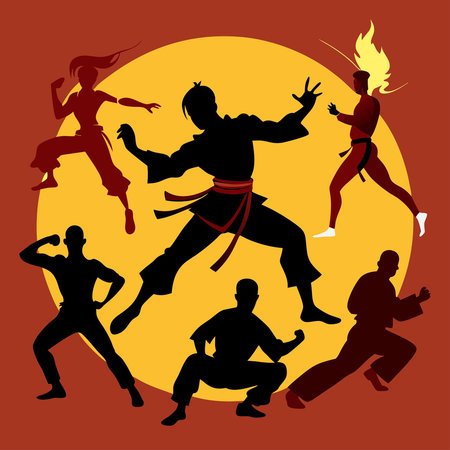 Silhouetted Martial Artists in Action, Vectorized for Artistic Expressionのイラスト素材