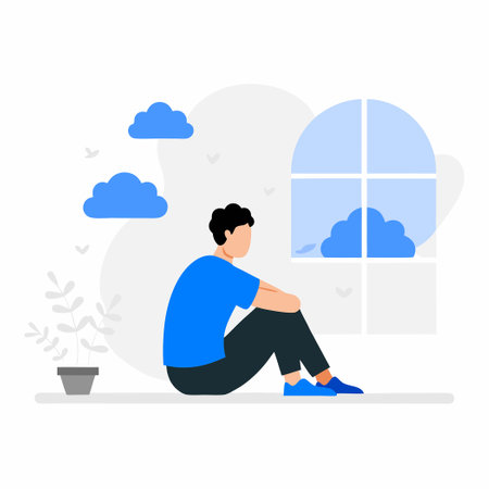 Lonely Woman in a Vast and Isolated Landscape, Contemplating Her Existenceのイラスト素材