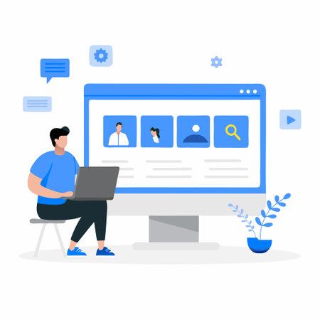 Online Shopping Concept: A Woman Browsing the Internet for Products and Servicesのイラスト素材