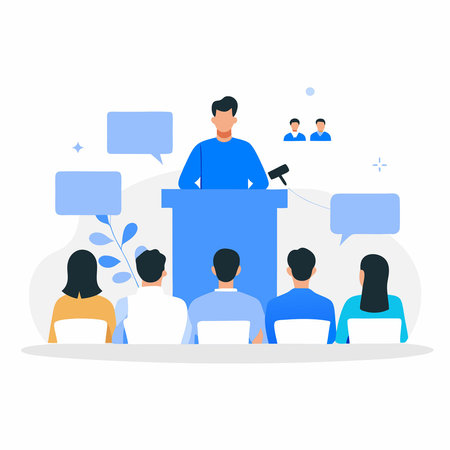 Concept Illustration of Modern Conference with Audience and Speaker in Hallのイラスト素材
