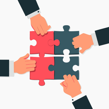 Collaborative Hands Assembling a Jigsaw Puzzle to Reveal a Conceptのイラスト素材