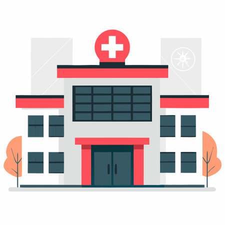 Modern Hospital Building Concept Illustration with Futuristic Architectural Featuresのイラスト素材