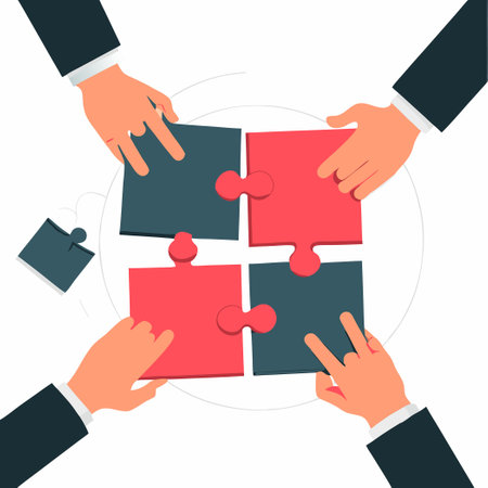 Hands Working Together to Assemble a Jigsaw Puzzle, Conceptual Illustrationのイラスト素材