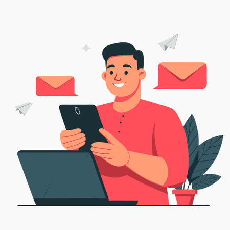 Messenger Concept Illustration Featuring a Woman Sending a Message on Her Phoneのイラスト素材