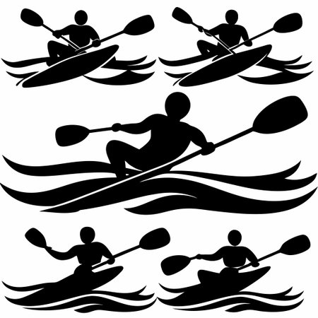 Kayaking Silhouettes in Motion: A Paddler's Grace on Tranquil Watersのイラスト素材