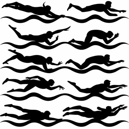 swimmers set - black silhouettes on white background, vector illustrationのイラスト素材