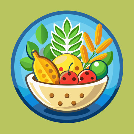 Flat Design Icon Depicting a Bowl of Oatmeal Adorned with Six Toppingsのイラスト素材