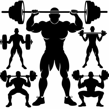 Collection of Dynamic Weightlifting Silhouettes in Actionのイラスト素材