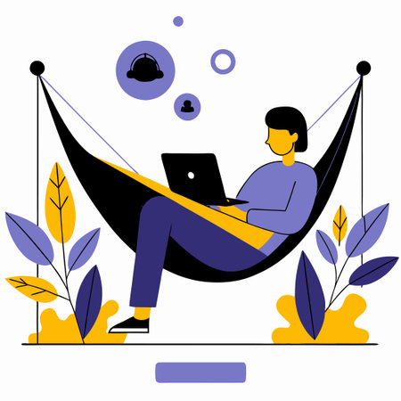 Serene Teleworking Amidst Sun-Drenched Serenity: Concept Illustration in a Hammockのイラスト素材