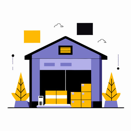 Exterior Illustration of a Modern Warehouse Located in a Serene Outdoor Settingのイラスト素材