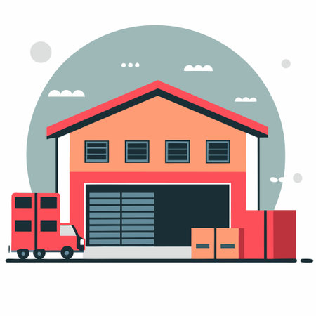 Illustrative Rendering of a Warehouse Exterior in a Serene Settingのイラスト素材
