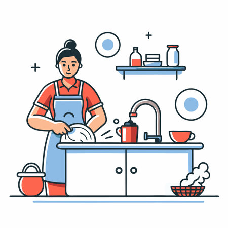 Illustrated Concept of a Person Washing Dishes for Household Choresのイラスト素材