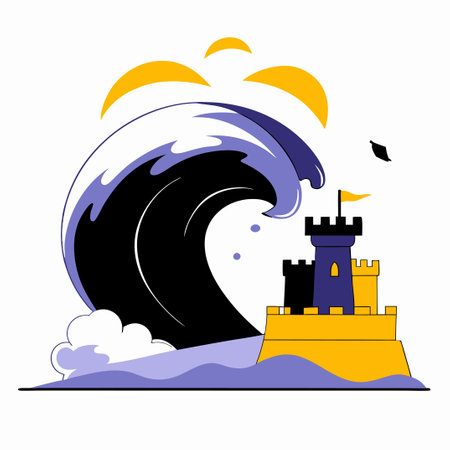 Powerful Waves Crashing and Eroding Sandy Beachのイラスト素材