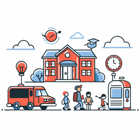 Kids Enjoying the First Day Back to School with Excitement and Optimismのイラスト素材