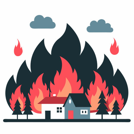 Conceptual Illustration of a Wildfire with Abstract Flourishes and Bold Colorsのイラスト素材