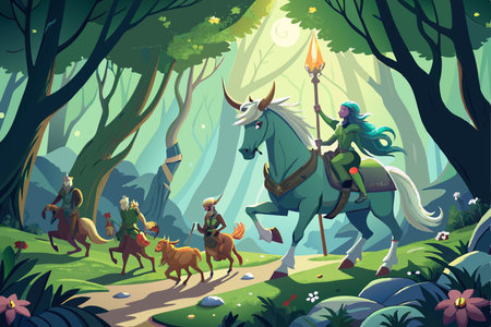 Centaur Guiding an Enchanting Band of Mythical Creatures in a Surreal Landscapeのイラスト素材