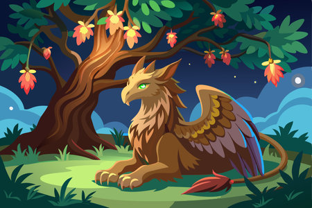 Majestic Griffin Reposing Beneath an Ethereal Tree with Illuminated Foliageのイラスト素材
