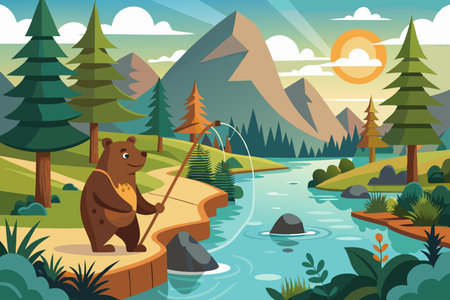 Bear Fishing in the Untamed Wilderness by the Riverbankのイラスト素材