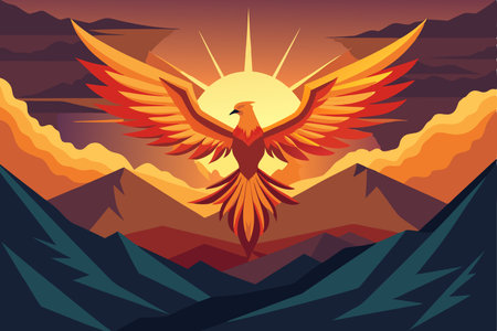 Phoenix Rising: A Blazing Beacon Soaring Above Majestic Peaksのイラスト素材
