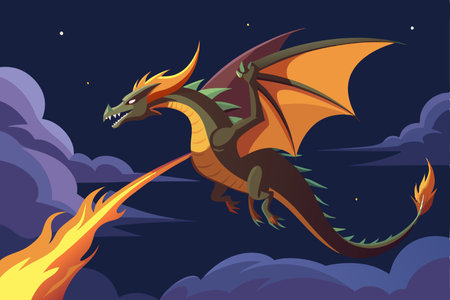 Majestic Dragon Soaring Through the Starlit Night Sky with Fiery Breathのイラスト素材