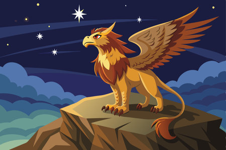 A Majestic Griffin Gazing Over a Precipitous Cliff's Edgeのイラスト素材