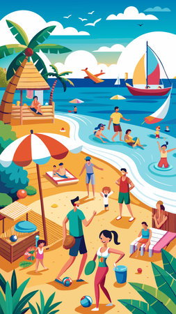 Sun-Soaked Beach Bliss: Families Enjoying the Summer at the Beachのイラスト素材