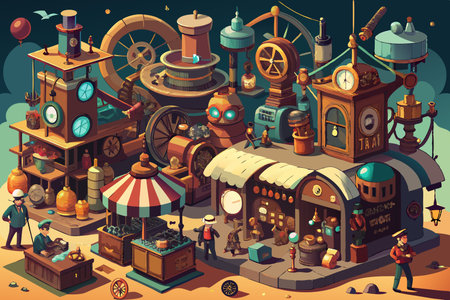 Bustling Steampunk Marketplace Illustration with Airships and Clockwork Creationsのイラスト素材