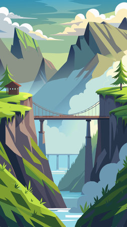 Vector illustration of a beautiful landscape with a bridge in the mountains.のイラスト素材