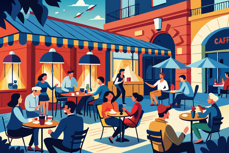 Vibrant Cafe Terrace Bustling with Patrons and Outdoor Ambianceのイラスト素材
