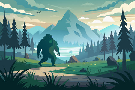 Elusive Bigfoot Roams Amidst Mystical Mistのイラスト素材