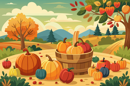 Illustrative Fall Harvest Scene with Plump Pumpkins and Autumn Huesのイラスト素材