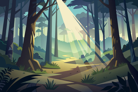 Verdant Forest Clearing Bathed in Brilliant Sunbeamsのイラスト素材
