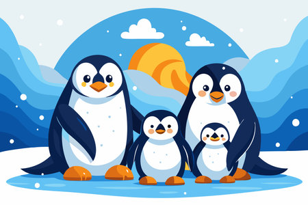 Adorable Family of Penguins Snuggling Together in the Coldのイラスト素材