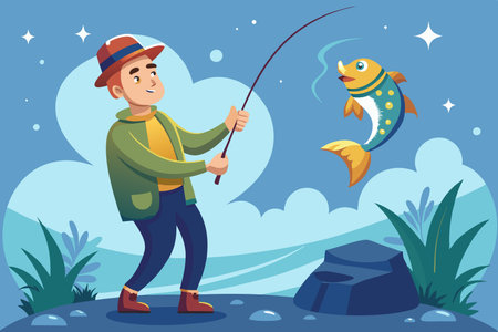 Fisherman's Triumph: Capturing a Majestic Silver Catch with a Rodのイラスト素材