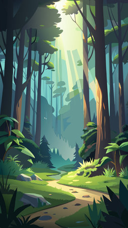 Tranquil Forest Clearing Bathed in Golden Light Raysのイラスト素材