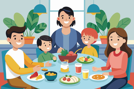 Family Bonding Over a Wholesome Meal in a Harmonious Homeのイラスト素材