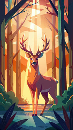 Majestic Deer Standing in a Sunlit Forest Clearingのイラスト素材