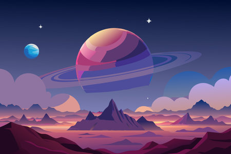 Majestic Planet Rising Over the Distant Horizon at Dawn, Creating a Mystical Cosmic Sceneのイラスト素材