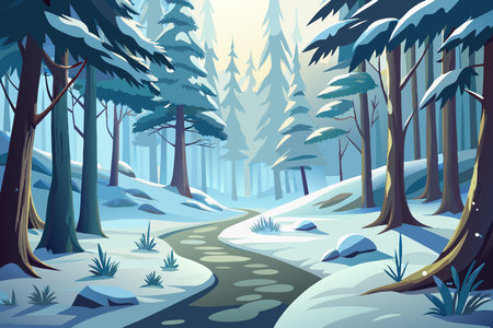 Enchanting Winter Woodland Path Shimmering in Snow-Covered Splendorのイラスト素材