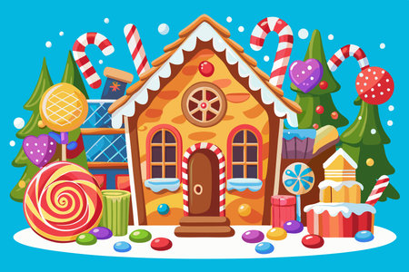 Festive Gingerbread House Adorned with Colorful Decorations in a Winter Wonderland Sceneのイラスト素材