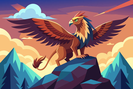Majestic Griffin Perched on a Mountaintop with Panoramic Viewのイラスト素材